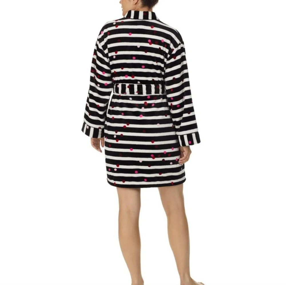 Kate‎ Spade New York® Chenille Wrap Robe Black & White Striped With Polka Dots M